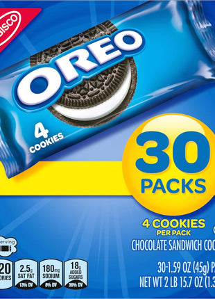 OREO Chocolate Sandwich Cookies, 30 Snack Packs (4 Cookies Per Pack) | Always made with Real Cocoa, Certified Kosher, Individually Wrapped