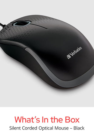 Verbatim USB Silent Corded Optical Mouse - Computer Wired Noiseless and Silent Click Mouse for Mac and PC - Black