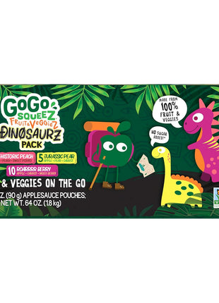 GoGo squeeZ Fruit & veggieZ Applesauce and Puree Variety Pack, Jurassic Pear, Roarrrr Berry & Prehistoric Peach, 3.2 oz (Pack of 20), Unsweetened Snacks for Kids, BPA Free Pouches