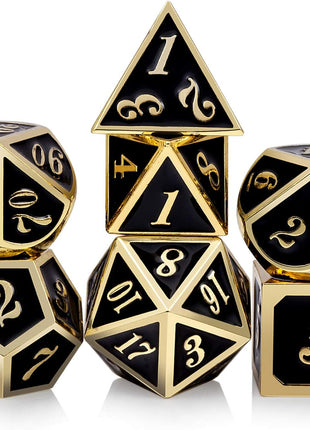 DNDND Metal Dice Set D&D, 7 die Metallic Polyhedral Dice Set with Gift Metal Box and Gold Number for DND Dungeons and Dragons Role Playing Games (Black and Gold)