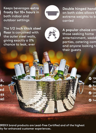 BREKX Insulated Hammered Stainless Steel Beverage Tub & Ice Bucket, 12QT | Double-wall insulated tub keeps beer, wine and champagne chilled. Double-hinged handles make carrying easier.