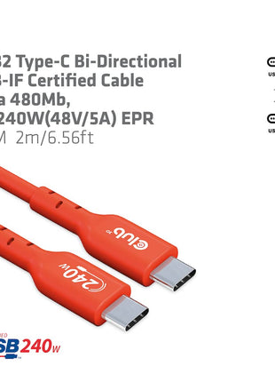 Club 3D CAC-1573 USB2 Type C to Type C Certified Bi-Directional Cable with 240W Charging, 480Mb Data Transmission EPR 2m - 6.56ft