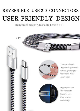 USB C Cable 6ft 5Pack, 3A Fast Charging Nylon Braided Type C Cord | Tpc001 USB C Charger Cable with Durable Braided Design, Compatible with Samsung Galaxy S10e S10 S9 S8 Plus Note 9 A80 A50 A20