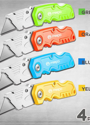 4-Pack Box Cutter, Colorful Folding Utility Knife w/ 10 pcs Blades | Tough Design, Razor Sharp Blade, Comfortable Handle, Can cut Drywall, Sheet Plastic, Linoleum, Boxes, Rope