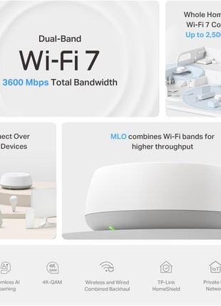 TP-Link Deco 7 BE23 Dual-Band BE3600 WiFi 7 Mesh Wi-Fi Router | 4-Stream 3.6 Gbps,160 Mhz | Covers up to 2,500 Sq.Ft | 2× 2.5G Ports Wired Backhaul | VPN, MLO, HomeShield, Free Expert Help, 1-Pack