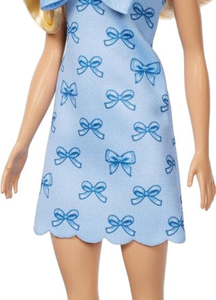 Barbie Fashionistas Doll #237 with Wavy Blonde Ponytail Wearing Blue Bow Halter Dress, Black Hair Bow Accessory and Matching Blue Heels | Blue Bow Halter Dress, Black Hair Bow Accessory, Matching Blue Heels