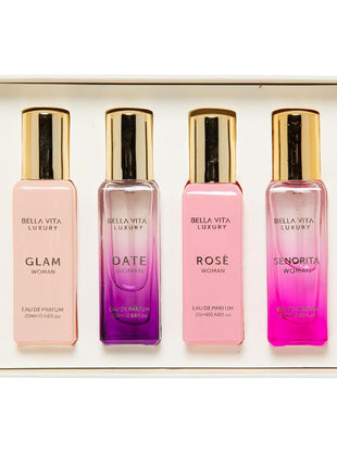 Bellavita Luxury Women's Perfume Gift Set with Rose, Senorita, Date, Glam | Long-lasting women's perfume gift set with Rose, Senorita, Date & Glam Eau de Parfum for every occasion.