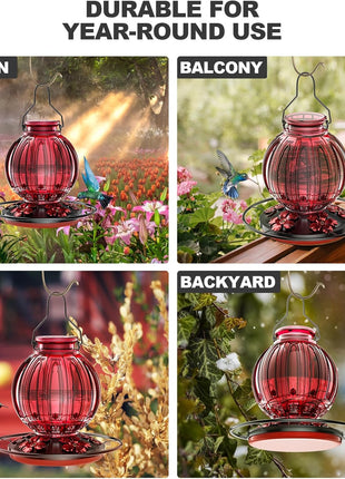 Glass Hummingbird Feeder for Outdoors Hanging, 26Oz Bird Nectar Feeder with Perch & 5 Flower Feeding Ports, Leak Proof for Outside Garden Decor Backyard, Gifts for Women Mom, Red