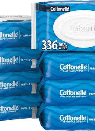 Cottonelle Fresh Feel Flushable Wet Wipes, Adult Wet Wipes, 8 Flip-Top Packs, 42 Wipes Per Pack (336 Total Wipes), Packaging May Vary