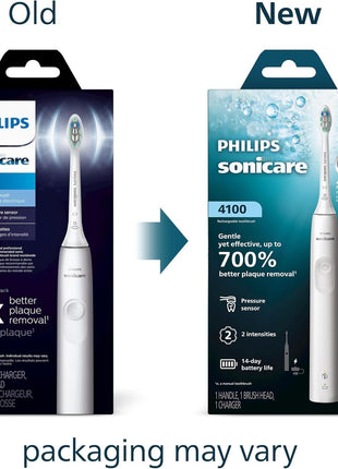 Philips Sonicare 4100 Rechargeable Electric Toothbrush, with Pressure Sensor, 2 Intensity Settings, SmarTimer and QuadPacer, 14-Day Battery Life, White, Model HX3681/23