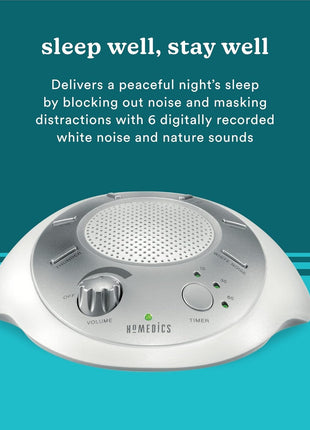 Homedics SoundSleep White Noise Sound Machine, Silver | Small Travel Size with 6 Relaxing Nature Sounds, Portable Therapy for Home, Office, Nursery, Auto-Off Timer