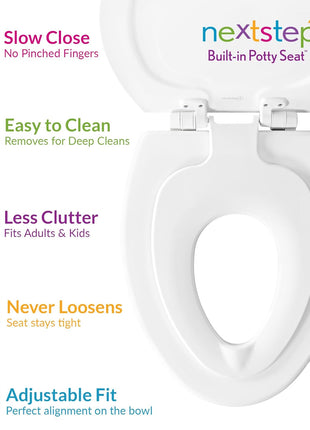 Mayfair NextStep2 Toilet Seat with Built-In Potty Training Seat, Slow-Close, Removable that will Never Loosen, Elongated, White