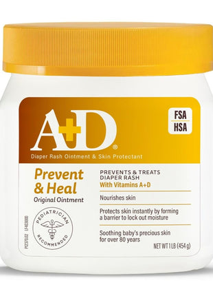 A+D Original Diaper Rash Ointment, Prevents & Protects Diaper Rash, Moisturizes & Heals Dry Skin With Vitamins A&D, 16oz Jar