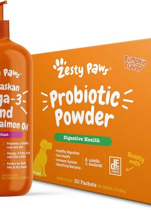 Zesty Paws Wild Alaskan Omega-3 Blend Pollock + Salmon Oil for Dogs + Probiotic Powder for Dogs