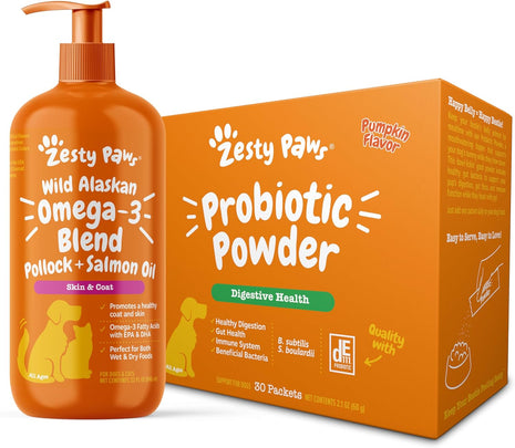 Zesty Paws Wild Alaskan Omega-3 Blend Pollock + Salmon Oil for Dogs + Probiotic Powder for Dogs