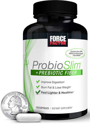Force Factor ProbioSlim + Prebiotic Fiber Weight Loss Supplement for Women and Men, Probiotic and Prebiotic Digestive Health Support with Green Tea Extract and Psyllium Husk Fiber, 120 Capsules
