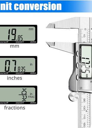 Digital Caliper Measuring Tool, Stainless Steel Vernier Caliper Digital Micrometer with Large LCD Screen, Easy Switch from Inch Metric Fraction, 6 Inch Caliper Tool for DIY/Household