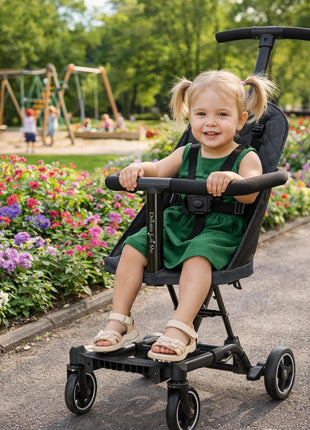 Dream On Me Coast Rider Lightweight Travel Stroller, 45 Lb Limit, Black | 5-Point Harness, Smooth Wheels, Compact Baby & Toddler Stroller, Theme Park Approved, Quick Fold, Converts to Rider & Scooter