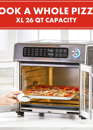 Emeril Lagasse 26QT French Door Multi-Function Air Fryer Toaster Oven | 26QT air fryer oven with French doors, 24 cooking functions, dual-speed fan and rotisserie for easy family meals.