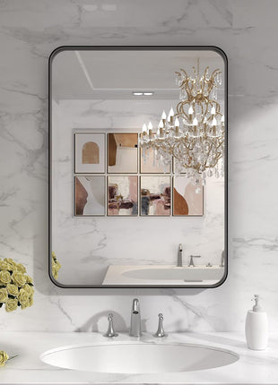 LOAAO 22X30 Inch Black Bathroom Mirror Metal Framed | Rounded Rectangle, Matte Black Bathroom Vanity Mirror, Anti-Rust, Hangs Horizontally or Vertically