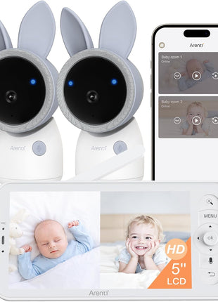ARENTI 4MP Baby Monitor with 2 Cameras, 5inch Screen Video Baby Monitor, Dual-Band 2.4G/5G WiFi with App, Split-Screen View, Auto Tracking, Cry&Motion Detection, Temp&Humidity, Night Vision, 2-Way Talk