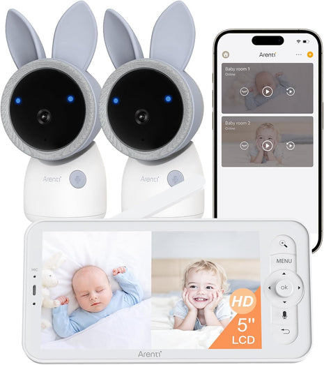 ARENTI 4MP Baby Monitor with 2 Cameras, 5inch Screen Video Baby Monitor, Dual-Band 2.4G/5G WiFi with App, Split-Screen View, Auto Tracking, Cry&Motion Detection, Temp&Humidity, Night Vision, 2-Way Talk