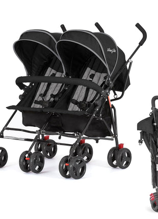Dream On Me Volgo Twin Umbrella Stroller in Black, Lightweight Double Stroller for Infant & Toddler, Compact Easy Fold, Large Storage Basket, Large and Adjustable Canopy