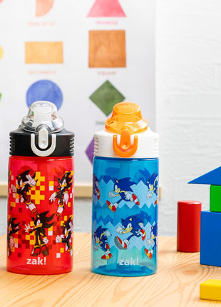 Zak Designs Sonic the Hedgehog Sage Kids Water Bottle For School or Travel, 16oz Durable Plastic Water Bottle With Straw, Handle, and Leak-Proof, Pop-Up Spout Cover, 2-Pack Set (Sonic & Shadow)