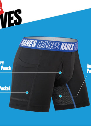 Hanes Big Moves Underwear, Anti-Chafe Boxer Briefs for Boys, 6-Pack, Black-Regular Leg