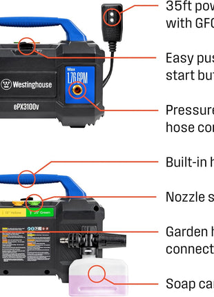 Westinghouse ePX3100v Electric Pressure Washer, 2100 Max PSI 1.76 Max GPM, Built-in Carry Handle, Detachable Foam Cannon, Pro-Style Steel Wand, 3-Nozzle Set, for Cars/Fences/Driveways/Home/Patios