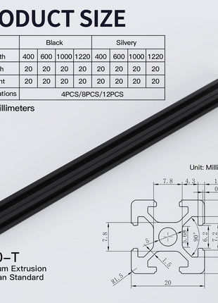 4pcs 1220mm T Slot 2020 Aluminum Extrusion European Standard Anodized Linear Rail for 3D Printer Parts and CNC DIY Black