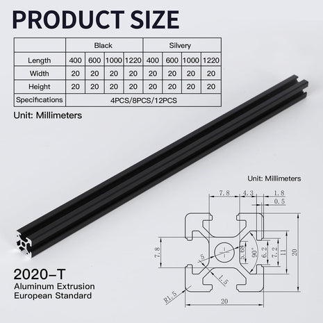 4pcs 1220mm T Slot 2020 Aluminum Extrusion European Standard Anodized Linear Rail for 3D Printer Parts and CNC DIY Black