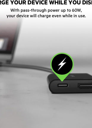 Belkin USB C to HDMI Adapter + USBC Charging Port to Charge While You Display, Supports 4K UHD Video, Passthrough Power up to 60W for Connected Devices, Compatible with MacBook, iPad, Windows