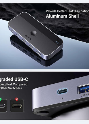 UGREEN USB 3.0 Switch 2 Computers Sharing USB C & A Devices, 4 Port USB Switcher Sharing Keyboard and Mouse, Printer/Scanner USB Switch Hub for Two Computers with 2 USB3.0 Cables and Controller