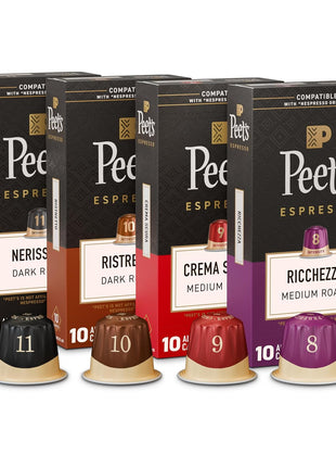 Peet's Coffee, Dark and Medium Roast Espresso Capsules Variety Pack, Compatible with Nespresso Original Machine, 100% Arabica Coffee - Intensity 8-11, 40 Count (4 Boxes of 10 Espresso Capsules)