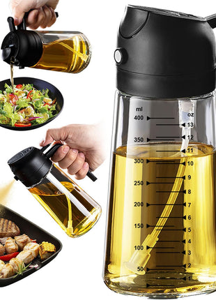 TrendPlain 16oz/470ml Glass Olive Oil Sprayer for Cooking – 2 in 1 Olive Oil Dispenser Bottle for Kitchen Gadgets and Air Fryer Accessories, Salad, BBQ - Black