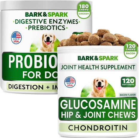Glucosamine Bacon Flavor + Dog Probiotics Bundle - Joint Pain Relief + Gas, Diarrhea Relief - Chondroitin, MSM, Omega-3 + Digestive Enzymes, Prebiotics - Chewable Fiber - 300 Soft Chews - Made in USA