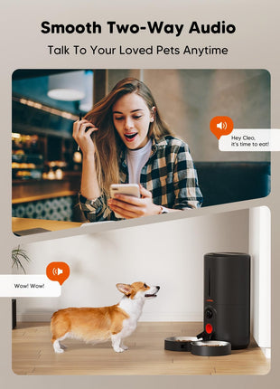 WOPET Automatic Cat Feeder, 5G WiFi Pet Feeder for Two Cats or Dogs with Remote Control, 6L Cat Food Dispenser with Low Food Sensor, 1-10 Meals Per Day, Up to 10s Meal Call for Pets