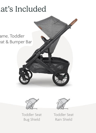 UPPAbaby Cruz V2 Stroller/Full-Featured Stroller with Travel System Capabilities/Toddler Seat, Bumper Bar, Bug Shield, Rain Shield Included/Greyson (Charcoal Mélange/Carbon Frame/Saddle Leather)