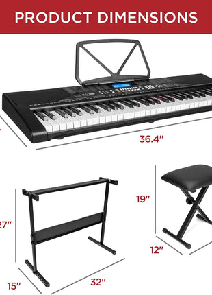 Best Choice Products 61 Key Beginners Complete Electronic Keyboard Piano Set w/Lighted Keys, LCD Screen, Headphones, Stand, Bench, Teaching Modes, Note Stickers, Built In Speakers   Black