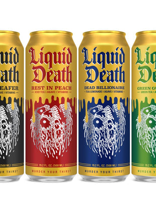 Liquid Death Iced Tea Variety 12-Pack (19.2 Oz Cans) (Grim Leafer, rest in Peach, Dead Billionaire, Green Guillotine)