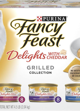 Purina Fancy Feast Delights with Cheddar Grilled Chicken, Turkey or Whitefish and Cheddar Cheese Feast in Gravy Wet Cat Food Variety Pack - (Pack of 24) 3 oz. Cans