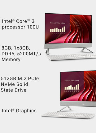 Dell 23.8" All-in-One Desktop, FHD, Intel Core 3 100U, Windows 11 Home | Intel Graphics, 512GB SSD, 8GB, Wi‐Fi 6E, Bluetooth, Keyboard & Mouse, Dolby Atmos Speakers, EC24250