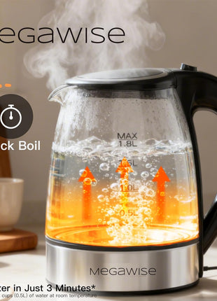 Megawise Electric Glass Kettle with Auto Shut-Off (1.8L)