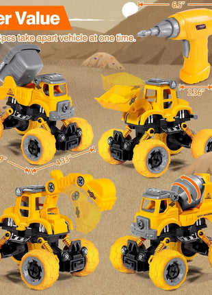 LUDILO Take Apart Construction Toys for 4 Year Old Boys Gifts Toys Age 4-6 | 4PCS Excavator Toy with Electric Drill/Kids Toy Boys 3-5/Building Learning Stem Toys for 3 4 5 6 7 Year Old Boy Birthday Gift