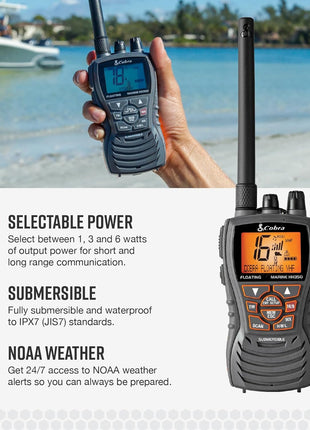 Cobra MR HH350 FLT Handheld Floating VHF Marine Radio - 6 Watt, Submersible, Noise Cancelling Mic, Backlit LCD Display, NOAA Weather, and Memory Scan, Grey
