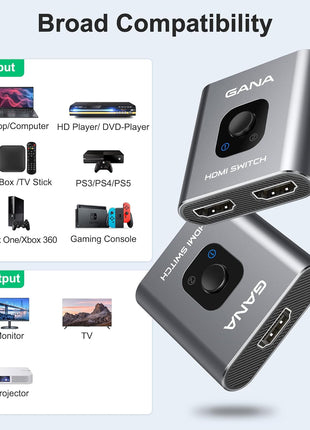 HDMI Switch 4k@60hz Splitter, GANA Aluminum Bidirectional HDMI Switcher 2 in 1 Out, Manual HDMI Hub Supports HD Compatible with Xbox PS5/4/3 Blu-Ray Player Fire Stick Roku