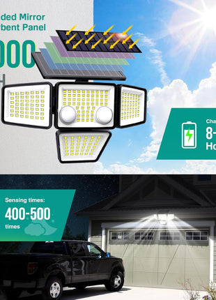 Solar Outdoor Lights - 3000LM 188 LED Motion Sensor Outdoor Lights, 4 Heads Security Light,IP65 Waterproof, Easy Install,270°Wide Angle Flood Wall Light with 3 Modes for Backyard Yard (2 Pack)