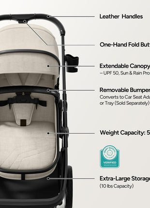 Mompush Wiz 2-in-1 Bassinet Stroller Reversible Seat, One-Hand Fold, Khaki | Newborn to toddler, large wheels with suspension, multi-position recline, UPF 50+ canopy, large basket, cup holder included