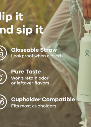 Hydro Flask Water Bottle - Insulated Stainless Steel - Straw Lid, Non Spill, Leakproof 24 Oz Black